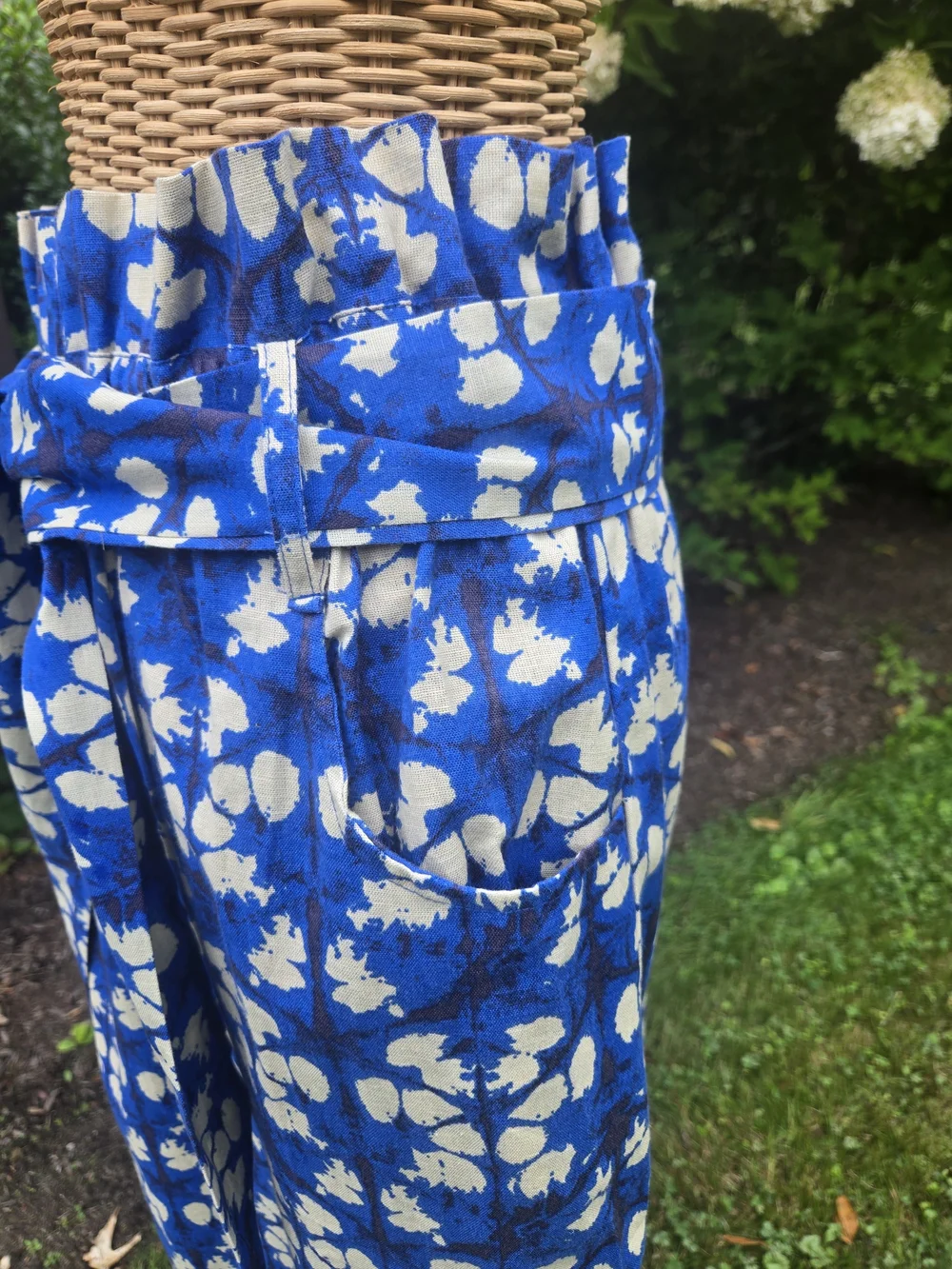 Blue Floral Geo Tie-Waist Midi Skirt